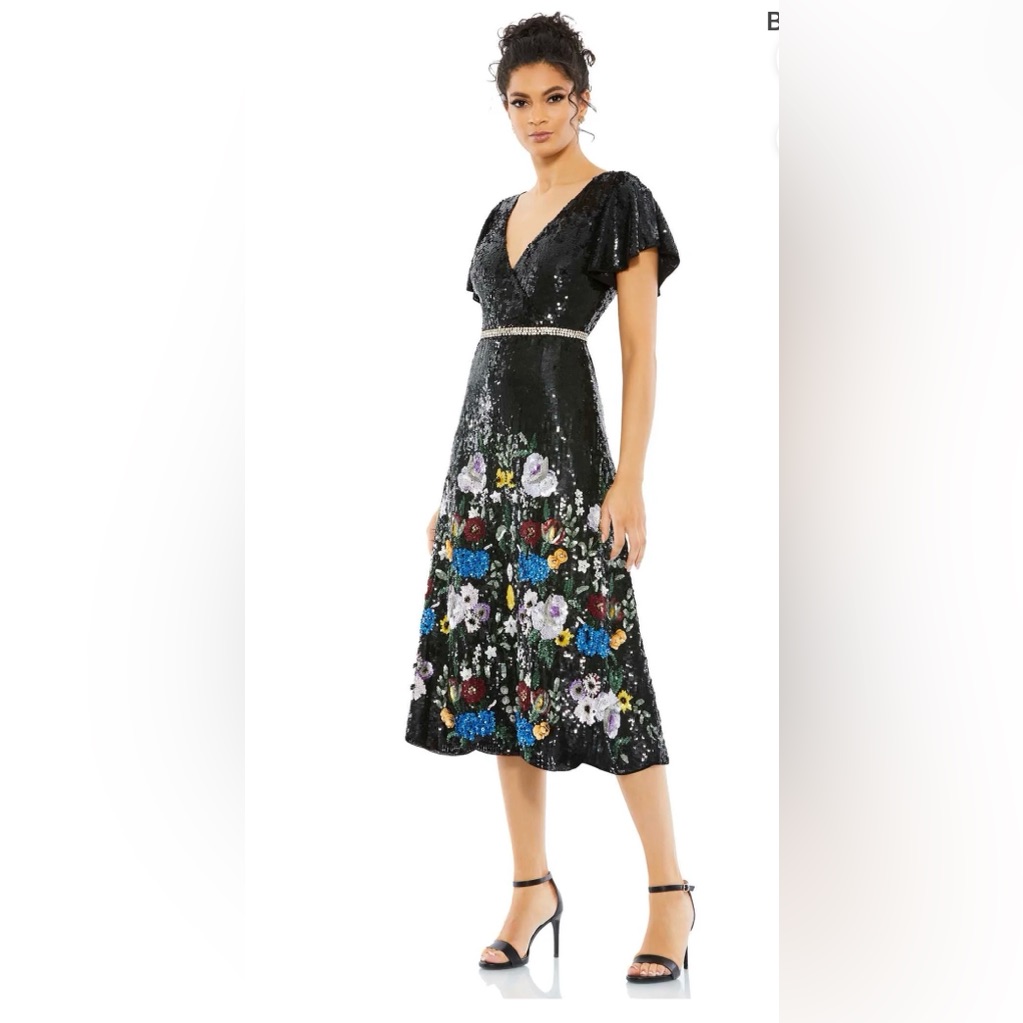 Nwot Mac Duggal 93594 Black 3d Floral Embellished Midi Dress, Size 2